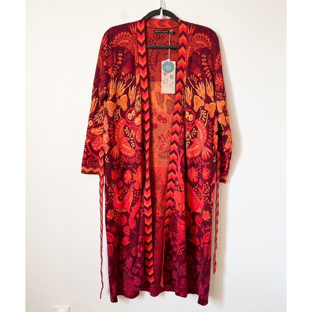 NEW Gudrun Sjoden Tanana Long Floral Bird Cardigan Womens Small Belt Beetroot